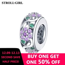 Strollgirl, 925 пробы, серебро, циркон, круглые бусины, розовый цветок, растение, талисманы, Подходит для Пандора, браслет для женщин, рождественское ювелирное изделие, подарок