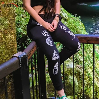 

Sexy New Black Gothic Punk Drawstring Legging Pants Pattern Printed Casual Cotton Tapered Harajuku Skulls Trousers Women Autumn