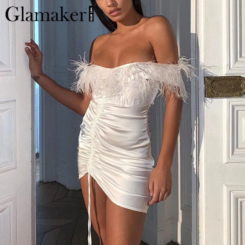 

Glamaker Feathers off shoulder white dress Women sexy pleated black club party mini dress Elegant bodycon short summer dress