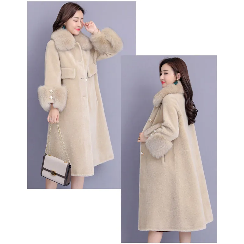 Женское пальто из искусственного меха, M-4XL, большие размеры, топы, куртка, Осень-зима, новинка, длинный рукав, синий, бежевый, модное длинное пальто из искусственного меха, LD1223