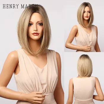

HENRY MARGU Mixed Brown Ombre Wigs Medium Straight Bob Cosplay Middle Part Synthetic Hair Wigs for White Women Heat Resistant