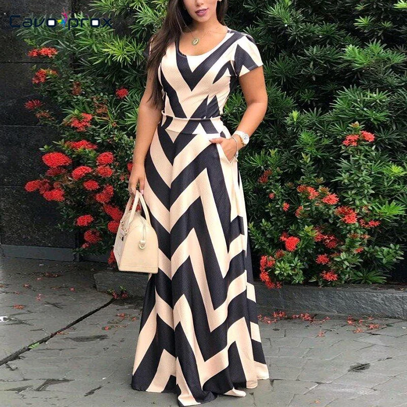 

Women Plus Size Stripe Geometric Printed Maxi Dress Short Sleeve Stretch Elegant Slim Fit O-Neck Floor-Length Vestidos Verano
