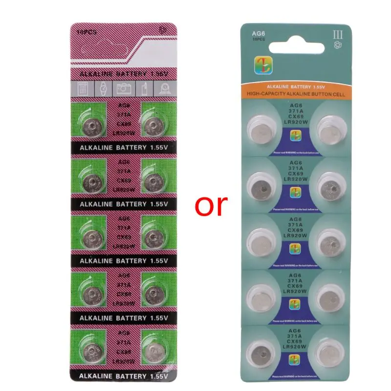 10 Uds Batería alcalina AG6 1,55 V botón pila de moneda 371 SR920SW LR920 SR927 171 370 L921 LR69 SR920 baterías envío de la gota