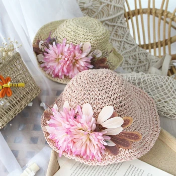 

New Girls Summer Hats New Straw Baby Sun Hat With flowers Kids Summer Hats wave Brim Sunbonnet Children Straw Hats