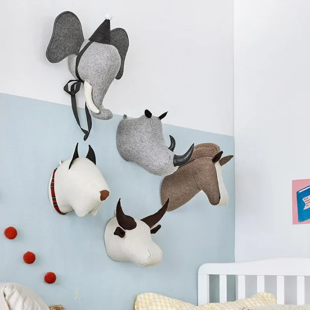 INS Nordic Style 3D Animals Head Elephant Rhinoceros Horse Dog Stuffed Wall Hanging Decoration Kids Girl Room Decor Baby Gifts 2