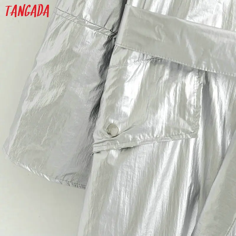 Tangada Модный женский осенне-зимний однотонный блестящий длинный плащ, Элегантный Женский Тренч с поясом, Офисная уличная одежда, длинный Тренч 1D356