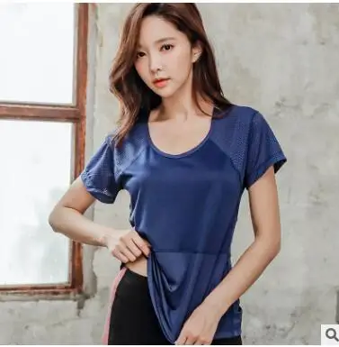 navy blue Женская Спортивная футболка большого размера, быстросохнущая, с коротким рукавом, для фитнеса, тренировок, половина рукава, свободная, сетчатая, дышащая, футболка для бега - Цвет: navy blue