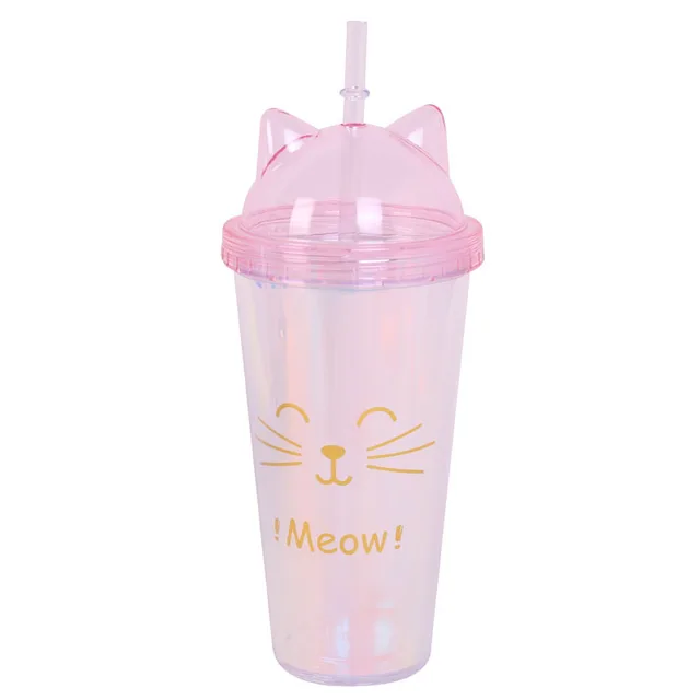 Double Layer Pipette Cup With Flash In The Shape Of Cat's Ear Candy Colors Tea Juice Coffee With Lid Straw Water Bottle Cups Big cat