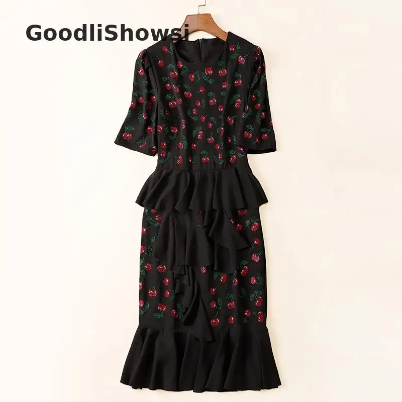 GoodliShowsi весеннее Сексуальное Женское облегающее платье Cheery Hot Fix Stones дизайнерское платье с круглым вырезом и рукавом средней длины с оборками