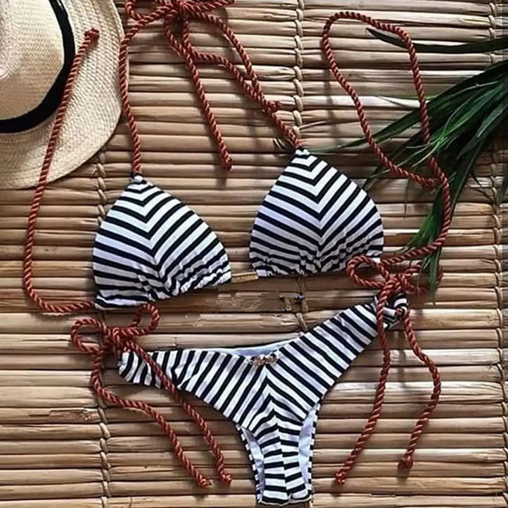 

Sexy Swimwear Women Swimming Bikini High Elasticity Summer Mujer Two Pieces Stripe Swimsuit Bathing Suit Beach Wear TrajedeBaño