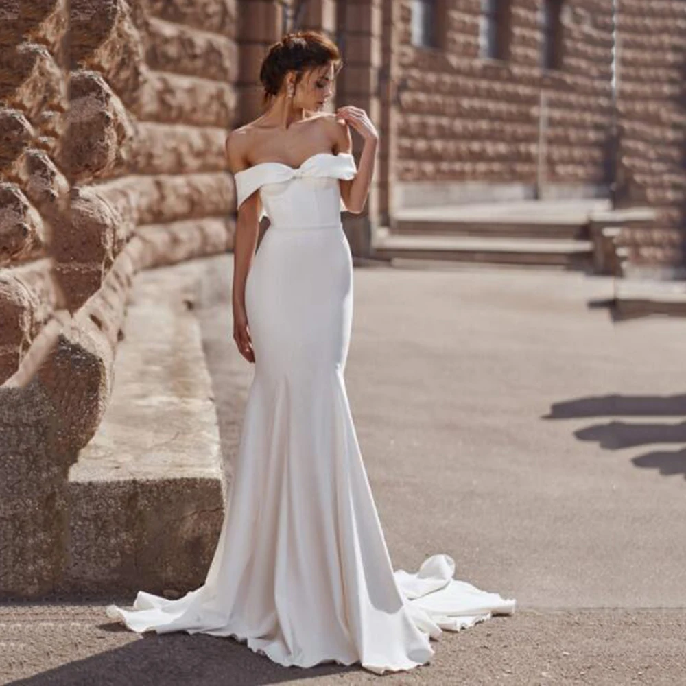 

Ivory Mermaid Satin Bridal Gown Sweetheart Off The Shoulder Short Sleeves Wedding Dresses Sexy Backless Brides Dress Vestido