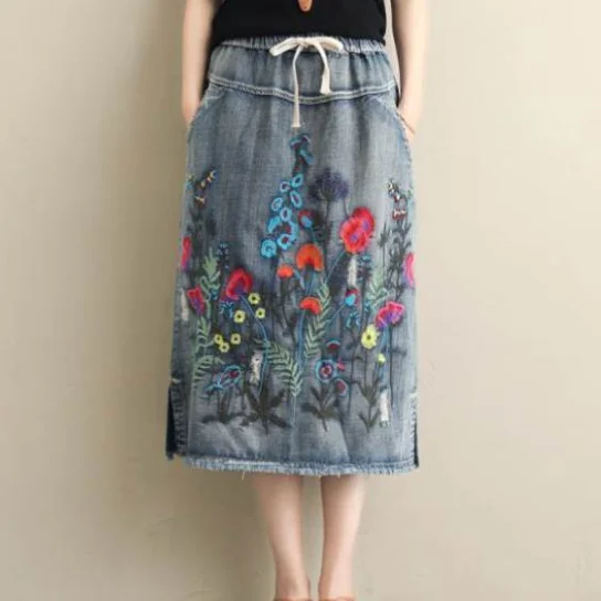 Big Size Women Froal Embroidery Denim Maxi Skirt 2020 Summer Elastic Waist Streetwear Jean Pencil Skirts Saia Femme AQ658 | Женская