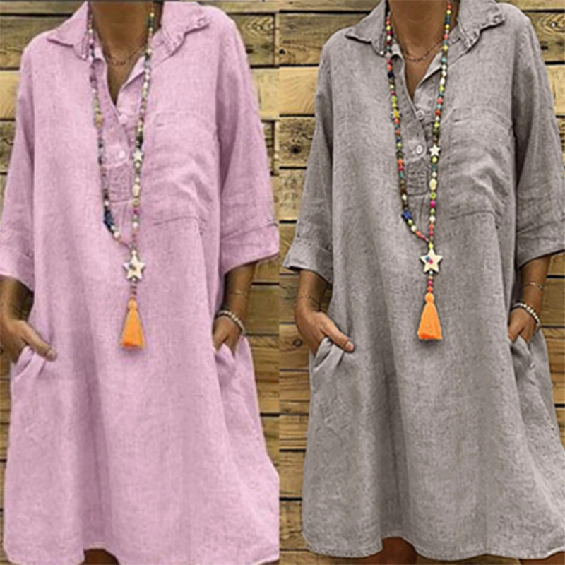 Women Vintage Pocket Casual Shirt Dress