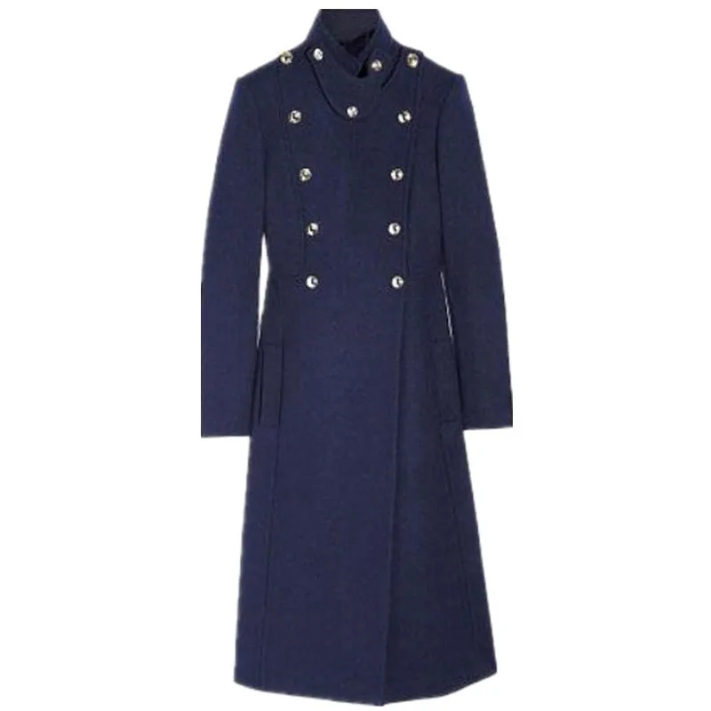 Зимнее модное двубортное шерстяное Женское пальто со стоячим воротником в стиле милитари длинное шерстяное пальто