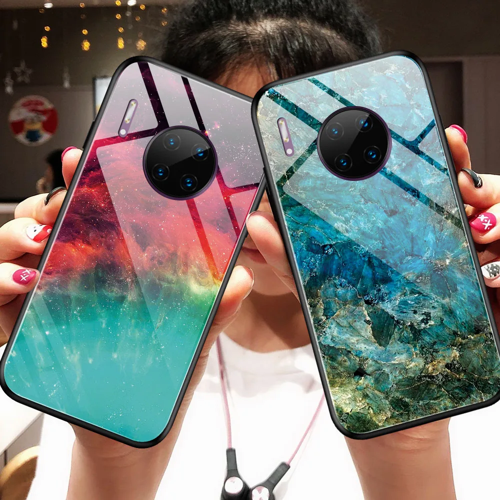 Phone Case for Huawei Mate20 30 P30 P20Pro Luxury Marble Tempered Glass Soft TPU Frame Cases Mate20Pro Mate30Pro Cover | Мобильные