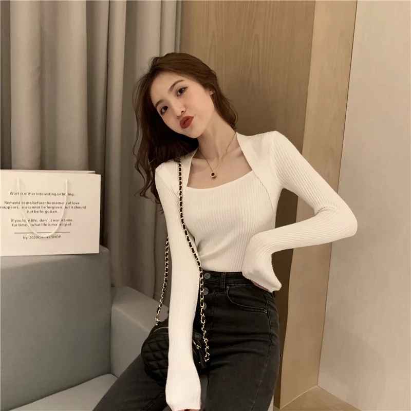 cropped cardigan 2021 Women Sweater Pullover Long Sleeve Top Square Collar Casual Fashion Women's Jumper Sexy Knitted Sweater Women Pullover Tops yellow sweater