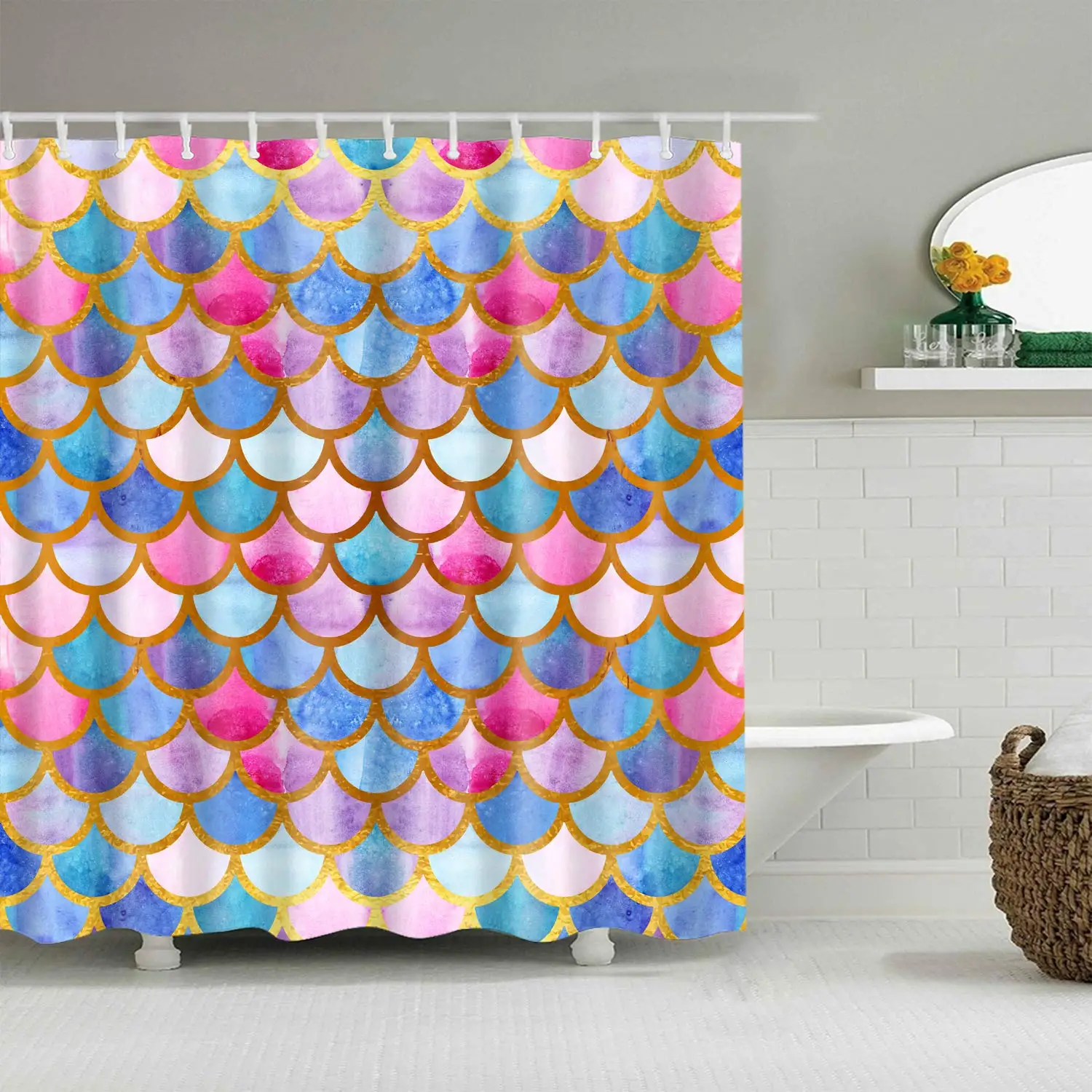 

Mermaid Scales Shower Curtain Geometric Purple Pink Aqua Teal Ocean Theme Bathroom Home Decor Set, Machine Washable Polyester