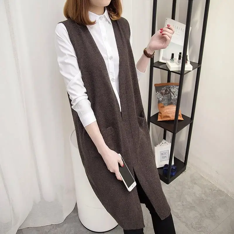 

Long Sweater Vest Women Knitting Cardigan Waistcoat Autumn Winter Korean Loose Solid Sleeveless Jacket