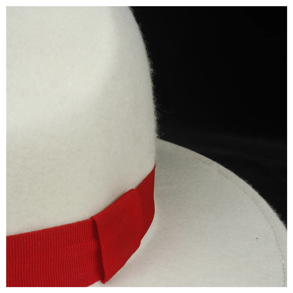 Шерсть аутентичная Женская Белая Шляпа Fedora с красной лентой элегантные женские вечерние шляпка для церкви Панама шляпа чародейная шляпа размер 56-58 см