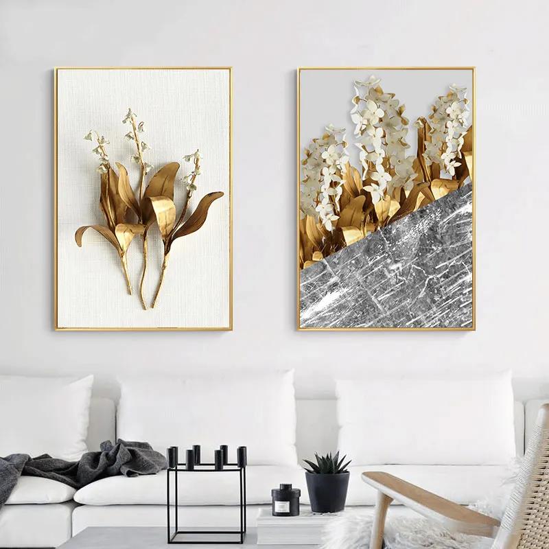 BANMU Golden Leaves Wall Poster Nordic Style Golden-Yellow Plants Artwork Home Decor Wall Art Canvas Painting Bedroom Decor