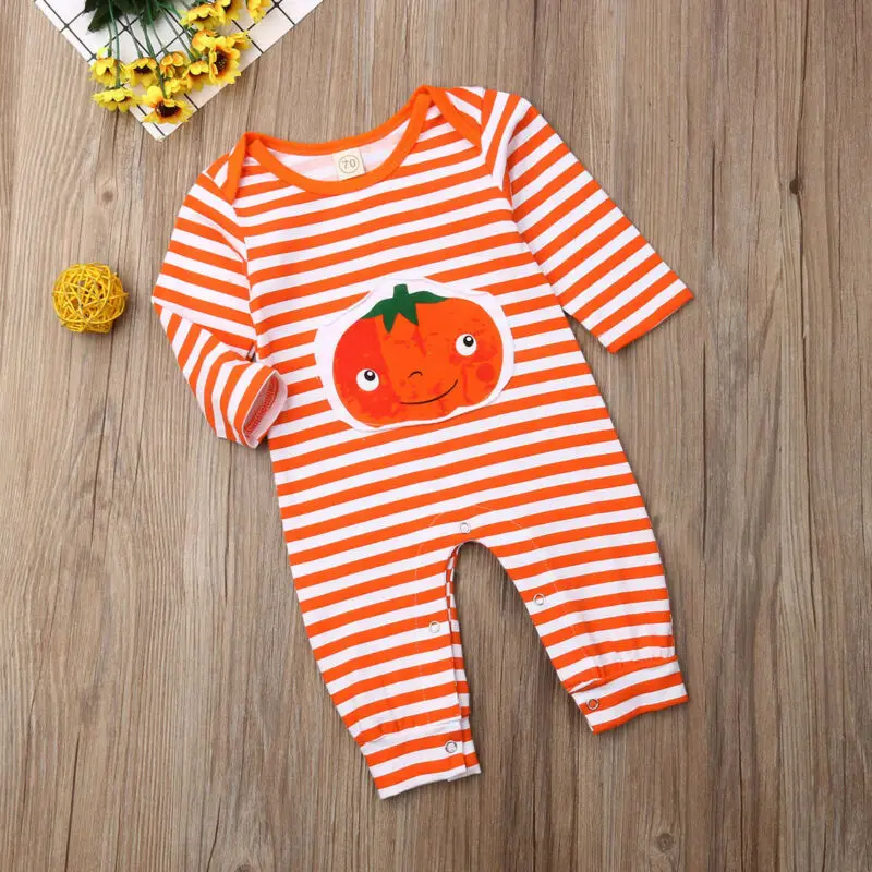 Cute Infant Newborn Baby Boy Girls Halloween Costumes Party Clothes Pumpkin Print Striped Long Sleeve Romper Overall Outfits