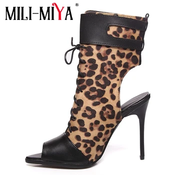 

MILI-MIYA New Summer Gladiator Motorcycle boots Sexy Cross Strappy Leopard Peep Toe Thin Heels Shoes Women Ankle Cool Boots