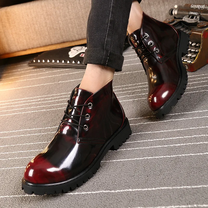 

Winter Men round-Toe England Thick Bottomed Men's Boots Leather Shoes Bright Surface Patent Leather Martin Boots Men's Hight-top