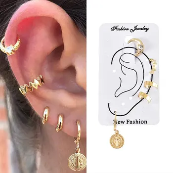 

5 pcs/lot Simple Round Metal Ear Piercing Dangle Earrings Set Helix Piercing Gold Color Fake Earrings Fake Piercing Ear Jewelry