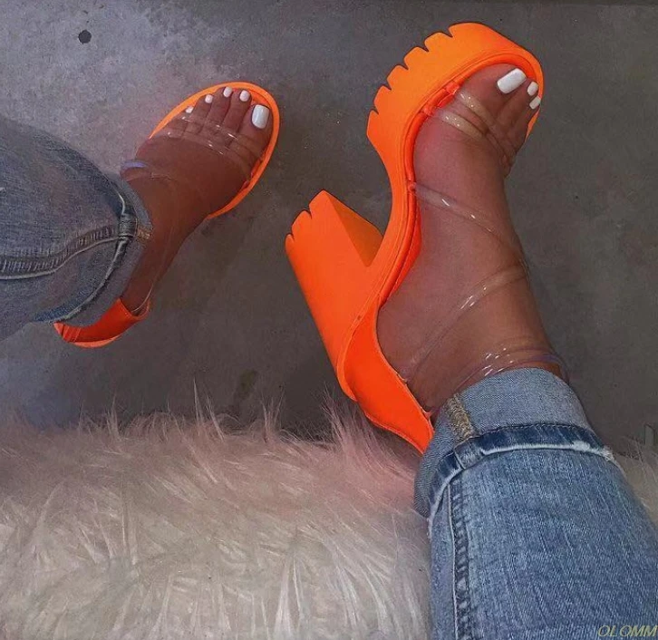 high-heeled cross PVC straps outdoor travel sandals rubber bottom non-slip slippers increased new women's sandals - Цвет: orange