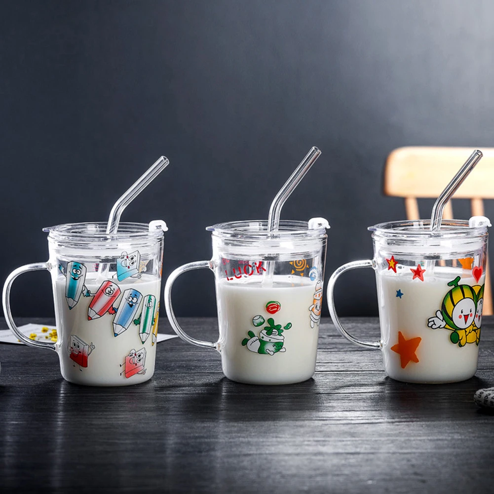 With Straw, With Lid,Pencil Luck Watermelon Double Wall Water Milk Tea Glass Cup Mug 350ml