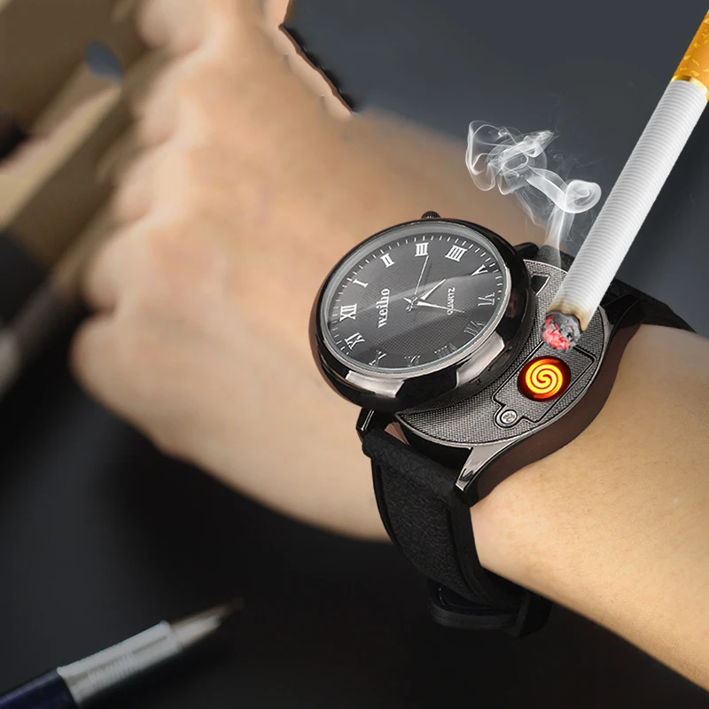 

Men's Watch Metal Windproof and Flameless Rechargeable Watch Lighter USB Cigarette Lighter with Changeable Wire Gadgets for Men
