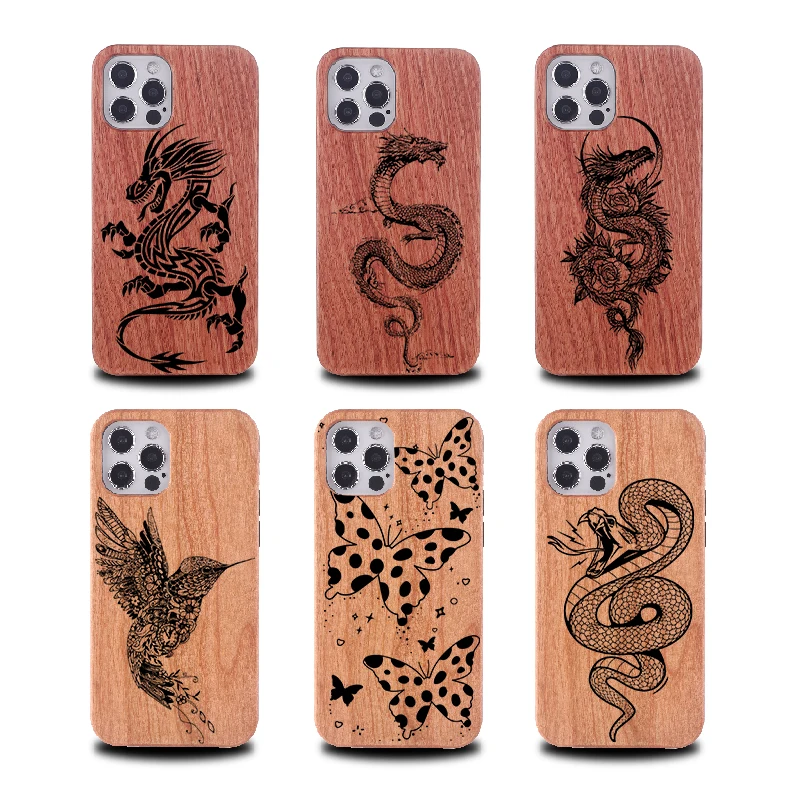 

Natural Engraved Dragon Wood Phone Case For iPhone 14 14ProMax 14Plus 13Promax 13 12 11Silky Texture Original Phone Cover Coque