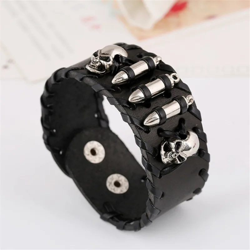 

Vintage Men's Leather Bracelet Silver Skull Charms Punk Wrap Bracelets&Bangles for Male Jewelry