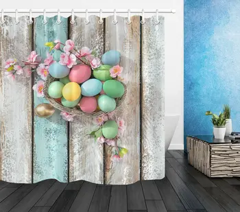 

Flowers Rustic Wood Board Easter Bathroom Waterproof Fabric Shower Curtain Set