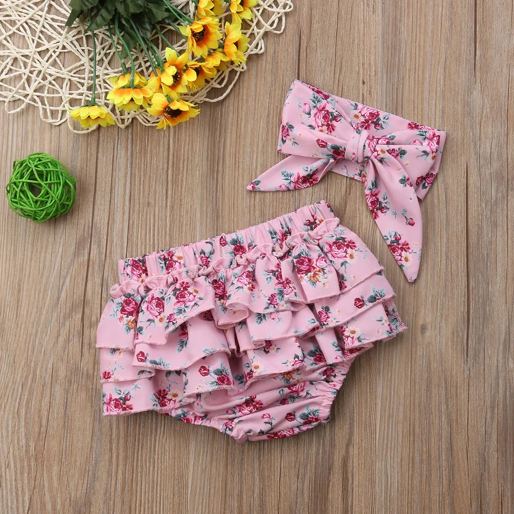 Короткие шорты с цветочным принтом для новорожденных девочек 3-24 месяцев, повязка на голову, комплект одежды