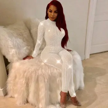 

Women Sequin Jumpsuit Rhinestone Jumpsuits O-Neck Long Sleeve Sexy Skinny Bodysuits Clubwear Party One Piece Romper White Black
