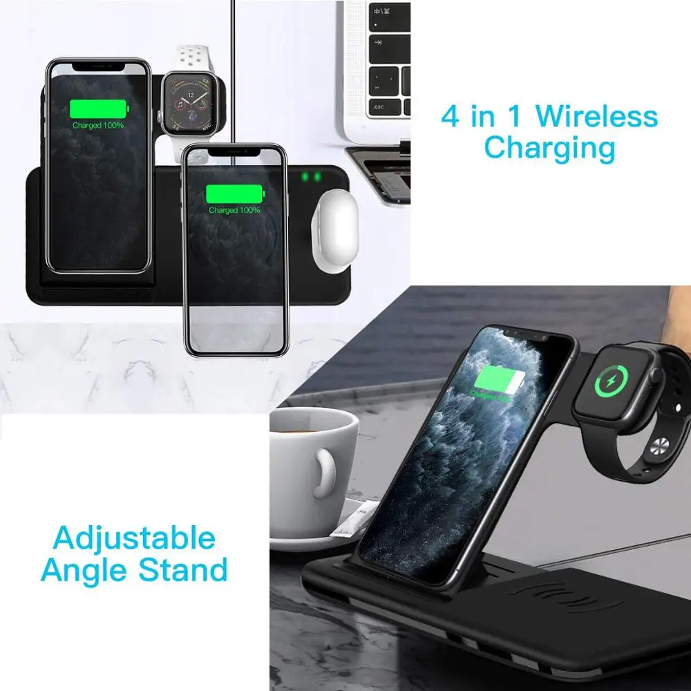 15W Qi Fast Wireless Charger Stand For iPhone 11 12 X 8 Apple Watch 4 in 1 Foldable Charging Dock Station for Airpods Pro iWatch 15W Qi Fast Wireless Charger Stand For iPhone 11 12 X 8 Apple Watch 4 in 1 Foldable Charging Dock Station for Airpods Pro iWatch