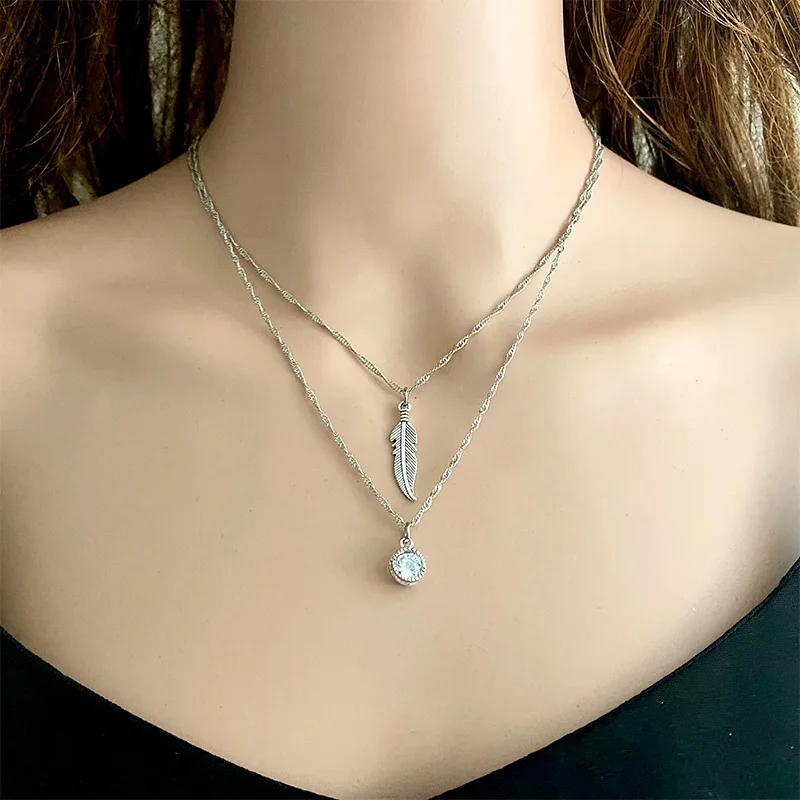 2 Layers Metal Feather Cross Cactus Long Chain Pendant Choker Collar Necklace for Women Original New Design Vintage Jewelry | Украшения и