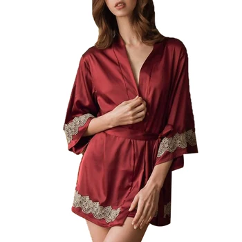 

Women's Lace Pajamas Fashion Sexy Simulation Silk Robe Cardigan Home Service Solid Color