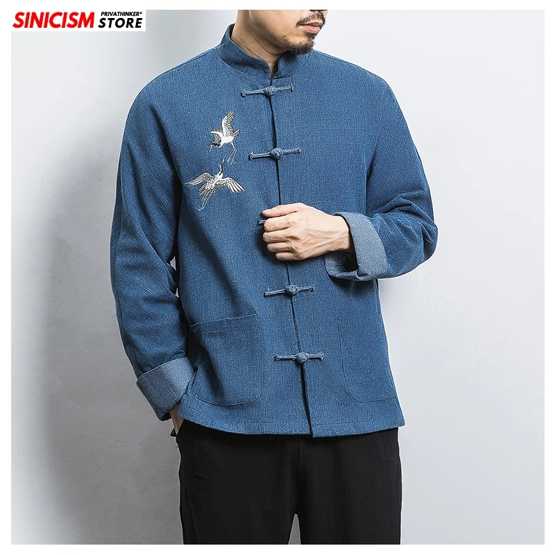 Sinicism Store мужская новая джинсовая куртка с вышивкой, мужские топы с пряжками в китайском стиле, мужские весенние винтажные модные синие джинсовые пальто