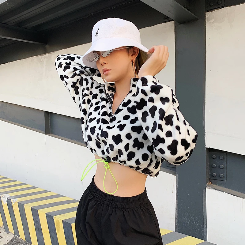 HEYounGIRL Cow Print Black White Crop Sweatshirt Women Casual Long Sleeve Pullover Hoodie Zipper Drawstring Autumn Winter Street
