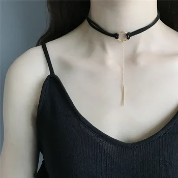 

POFUNUO Korean Style Super Mini Leather Rope Chokers 925 Sterling Silver Geometric Classic Chokers Girls Niche Short Necklace