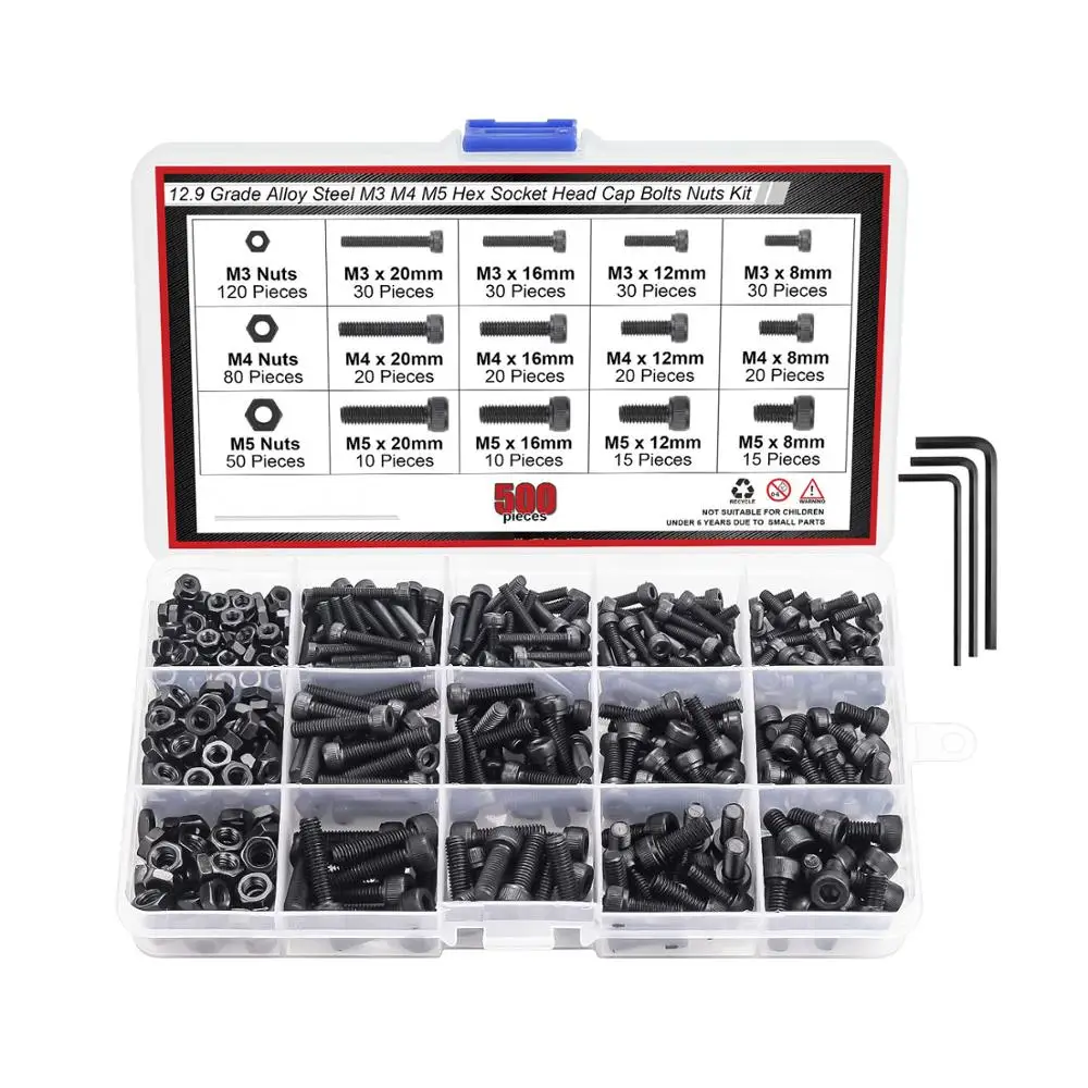 500Pcs/Set Black Carbon-Steel Cylinder Column Hex Hexagon Screw Set M3/M4/M5 Furniture Fastener Assorted Kit afbeelding