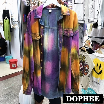 

2020 Autumn New Korean Cool Personality Tie-dye Gold Button Mid-length Shirt Streetwear Lady Loose Blouse Coat Large Size