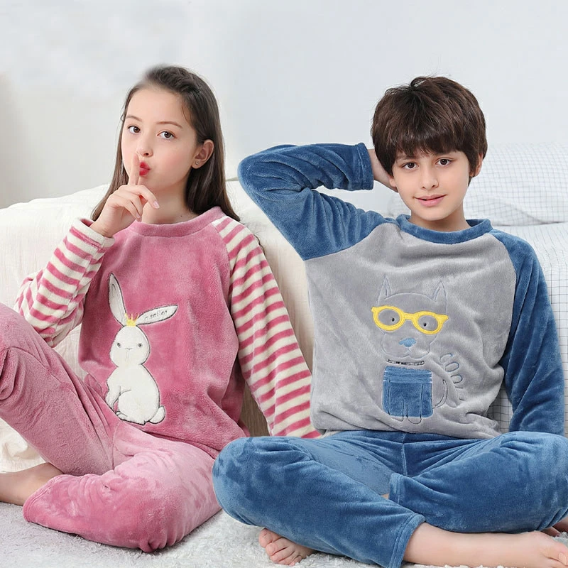 Teens Pajamas Long Sleeve Fleece Pyjamas Kids Clothes Sets Cartoon Big Boy Sleepwear Cute Pajamas For Girls 10 12 14 16 Years children's robe and slipper set