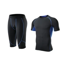 Мужская модная спортивная одежда, эластичная футболка для фитнеса, быстросохнущие топы, короткие штаны, спортивные обтягивающие укороченные брюки, шорты, комплект, Новинка