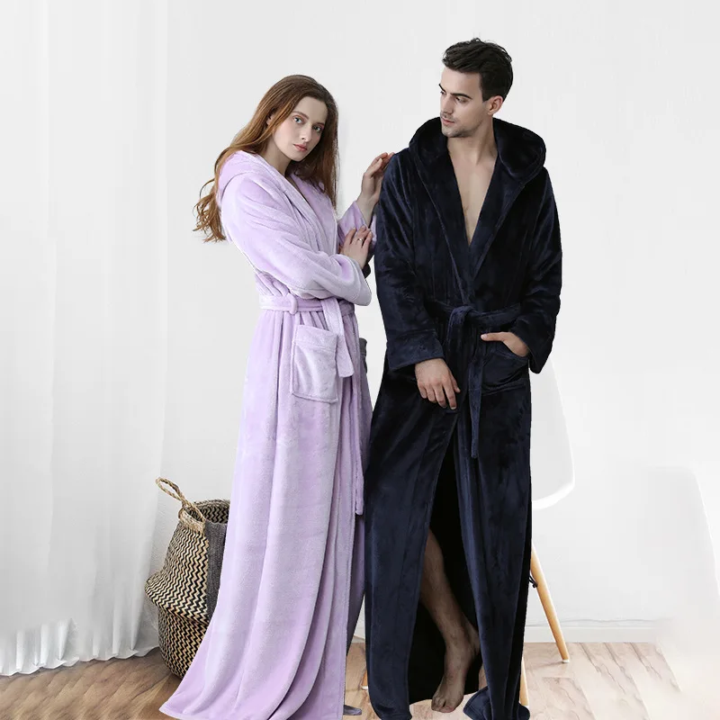 

Lovers Extra Long Flannel Robe Men Women Thickening Warm Flannel Winter Bathrobe Male Plus Size Hooded Dressing Gown Factory