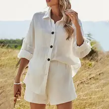 

60% Dropshipping!!2Pcs/Set Ladies Shirt Lapel Loose Casual Long Sleeve Shirt Elastic Waist Shorts Set for Going Out