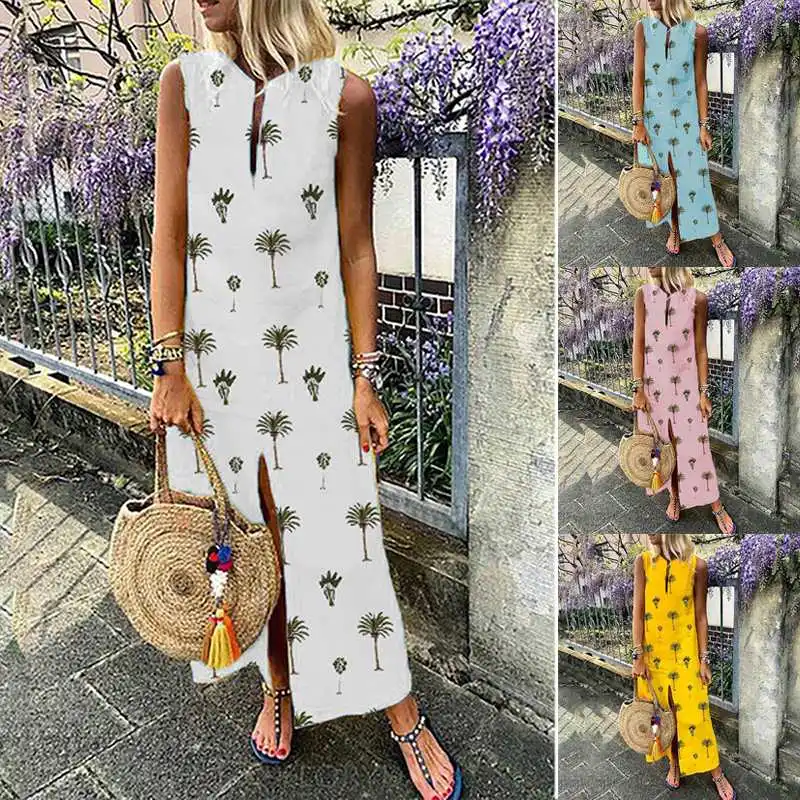 

ZANZEA 2019 Bohemian Women's Print Sundress Summer Maxi Dress Casual Sleeveless Vestidos Kaftan Female Split Robe Oversized 5XL