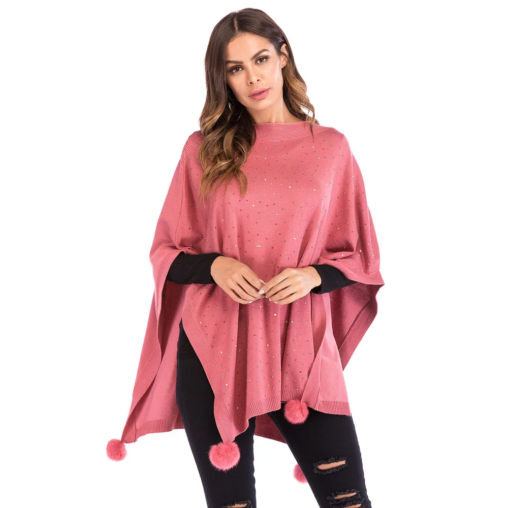 

Sovalro Elegant Solid Autumn Women Cloak Sweaters Round Neck Beading Pom Pom Knitwear Pullovers Oversized Jumper Pull Femme